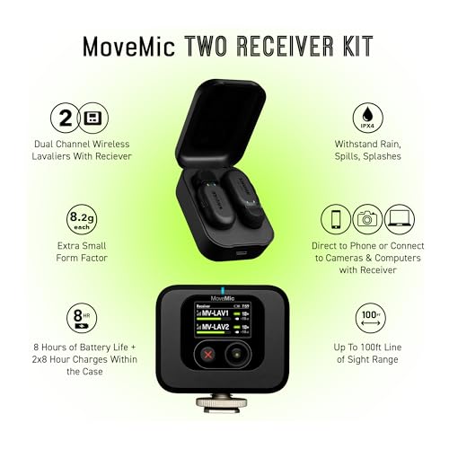 Shure MoveMic Two Kit, Pro Wireless Lavalier Microphones with Camera Receiver for DSLR, iPhone, Android, Mac, PC, 24-Hour Charge (MV-Two-KIT-Z7) - style: Two Channel Kit