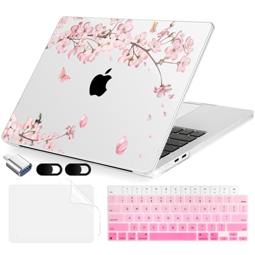 MecBevia Compatible with 2026 M5 MacBook Air 13 inch Case 2026 2025 2024-2022 M5 A3449 M4 A3240 M3 A3113 M2 A2681, Keyboard Cover, Screen Protector, Webcam Cover & Type-C OTG, Butterflies Sakura - color: Butterflies Sakura