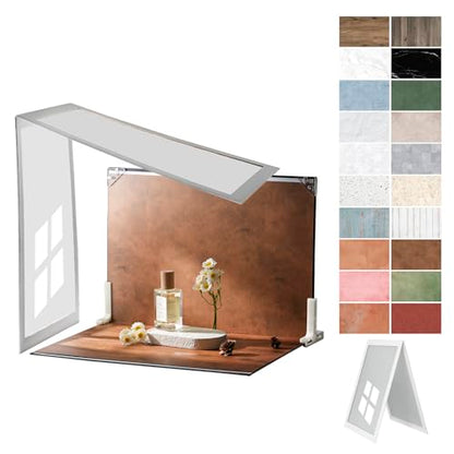 Photo Backdrop Board with Shadow Diffuser, 10 Pcs 20 Patterns Waterproof Food Photography Backgrounds, Tabletop Small Shooting Kit for Product, Jewelry & Makeup, Metlakat