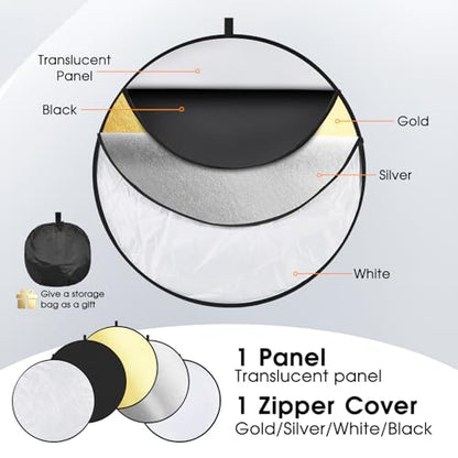5-in-1 Light Reflector 43 Inch/110 cm Photography Diffuser Collapsible Portable with Bag，Gold Silver White Black Translucent for Studio and Outdoor Lighting (43'' (110cm)) - size: 43'' (110cm)