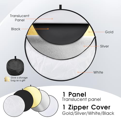 5-in-1 Light Reflector 32 Inch/80 cm Photography Diffuser Collapsible Portable with Bag，Gold Silver White Black Translucent for Studio and Outdoor Lighting (32'' (80cm)) - size: 32'' (80cm)