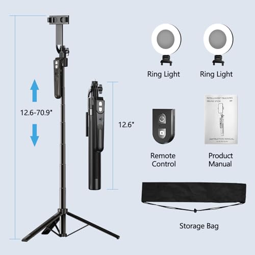 Auto Face Tracking Tripod with 360 Rotation Stand, 70.9"Ai Motion Tracking, Grados de Movimiento Celular Selfie Stick Rotation with Remote, Motion Sensor Phone Stand, for Vlog/Live Stream/Video Record