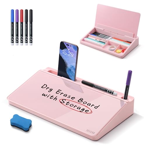 SELEAD Desktop Glass Whiteboard with Storage, Small Dry Erase White Board Computer Pad Keyboard Stand for Home, School, Office Desk Accessories - Pink - color: Pink