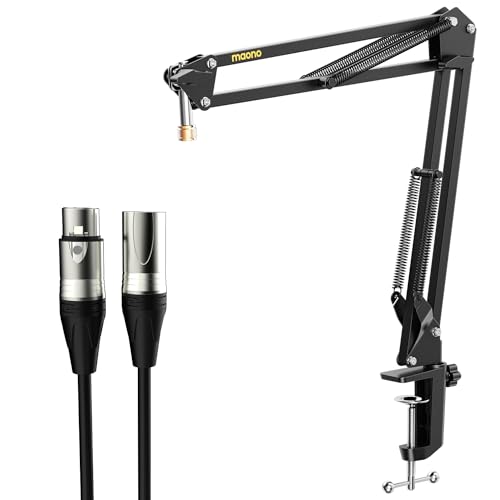 MAONO Boom Arm Microphone Stand with XLR Cable: Adjustable Metal Suspension Mic Boom Arm Kit for Podcast Gaming Streaming Recording,with Desk Clamp and 3/8"to5/8"Screw Adapter(BA20+XLR-180)