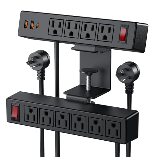 Desk Clamp Power Strip with PD20W USB-C, 2 in 1 Dual Layer Under Desk Power Strip, Removable Clamp Power Socket with 10AC Outlets & Switch, 10ft Extension Cord(ETL Listed) - color: Black, size: 10FT