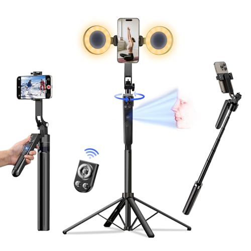 Auto Face Tracking Tripod for iPhone with Light, No APP Needed 70.9" Phone Camera Tripod Stand 360 Rotation Selfie Stick Follows Your Movement with Remote for Content Creator Vlog Live Stream - size: Tracking Tripod with 2 Ring Light
