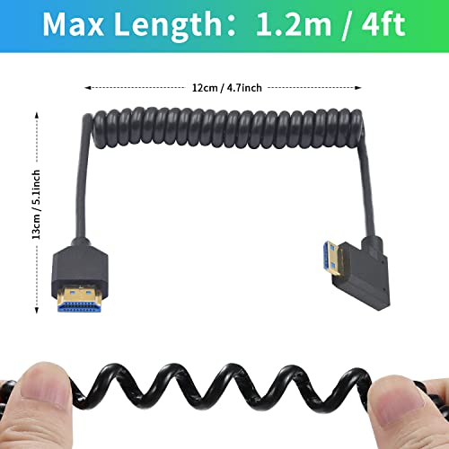 Duttek 8K Mini HDMI to HDMI Coiled Cable, 48Gbps Ultra Thin Right Angled Mini HDMI Male to HDMI Male Cable for Projector, Monitor, Camcorder 4FT/1.2M - style: Right Angle Mini hdmi Male to HDMI Male