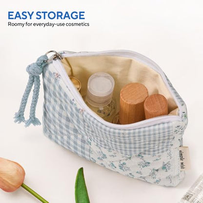 Cotton Quilted Floral Coin Purse Digital Camera Pouch,Small Quilted Cotton Makeup Bag for Purse,Travel Toiletry Pouch, Lipstick Bag Data Cable Organizer (Blue)