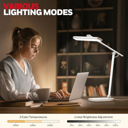 Honeywell Desk Lamp for Home Office, H4 Sunturalux™ Eye-Caring LED Desk Light, 700LM Dimmable Desk Lamp with Timer, Adjustable Desk Reading Light, Touch Auto Dimming Table Lamp for Study, Bedroom - color: White