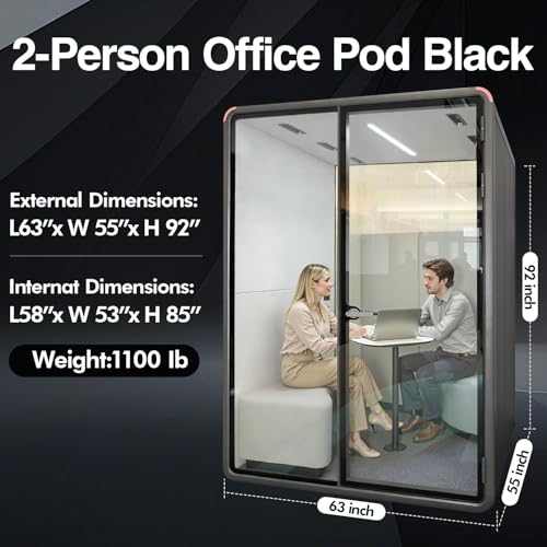 Soundproof Office Pod Booth, 2 Person Meeting Pod Black, Quiet Meeting Pod with Acoustic Panels, Portable Modular Pod, Mobile Sound Proof Booth, Privacy Phone Booth for Calling H92in W63in D55in