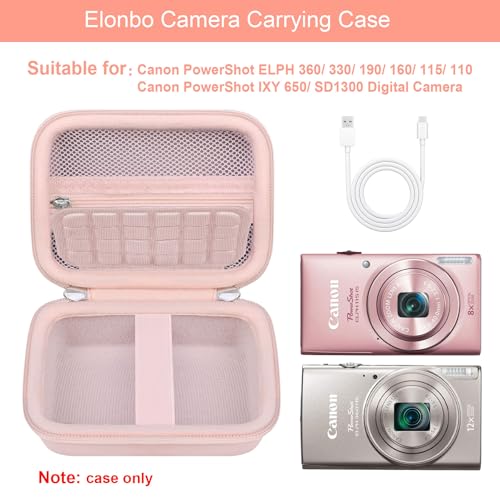 Elonbo Carrying Case for Canon PowerShot ELPH 360 HS A/ 360 HS/ 360/ IXY 650 Digital Camera, Canon PowerShot ELPH 330/190/160/115/130/110 Camera Hard Travel Bag, Mesh Pocket fits Battery Cable, Pink - color: Pink