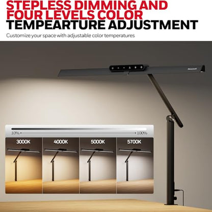 Honeywell LED Desk Lamp with Clamp - HJ1 Sunturalux Eye-Caring Clip on Lights for Home Office, 1200LM Clamp Lamp 4 Color Modes Stepless Dimming Task Desk Light for Working Black - style: Black Clamp