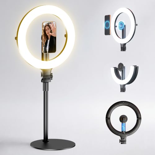 NiceVeedi 10.2” Magnetic Desk Ring Light with Stand, 5000mAh Rechargeable Desktop Ring Light for Phone，3 Color Foldable Selfie Light for Live Stream/Makeup/TikTok/YouTube/Photography/Zoom/Vlogging