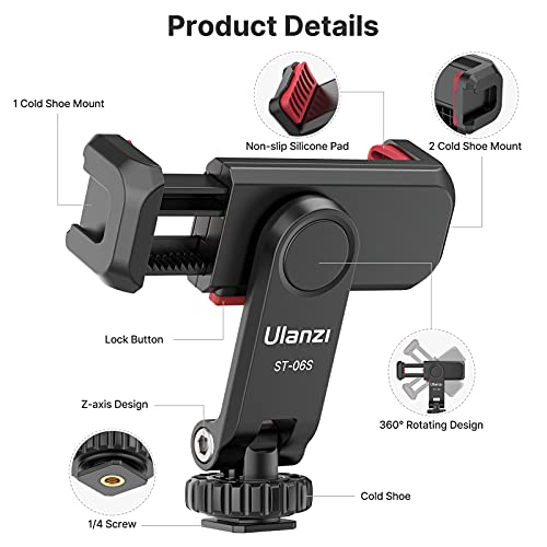 ULANZI Phone Tripod Mount ST-06S, Universal Smartphone Mount Adapter with 2 Cold Shoe, 360° Rotates Adjustable Cell Phone Clip Clamp Holder, Compatible with iPhone17/16/15, Samsung Galaxy Smartphones - color: Black