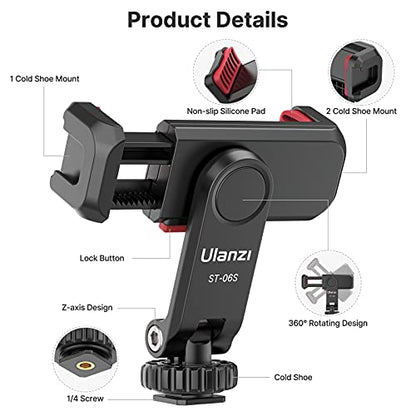 ULANZI Phone Tripod Mount ST-06S, Universal Smartphone Mount Adapter with 2 Cold Shoe, 360° Rotates Adjustable Cell Phone Clip Clamp Holder, Compatible with iPhone17/16/15, Samsung Galaxy Smartphones - color: Black
