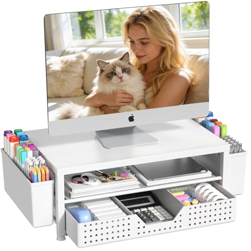 OPNICE Desk Organizers and Accessories, 2-Tier Computer Monitor Stand Riser with Drawer and 2 Pen Holders, Laptop Stand, Office Desk Accessories for Office Supplies, White - color: White, size: With Drawer and 2 Pen Holders