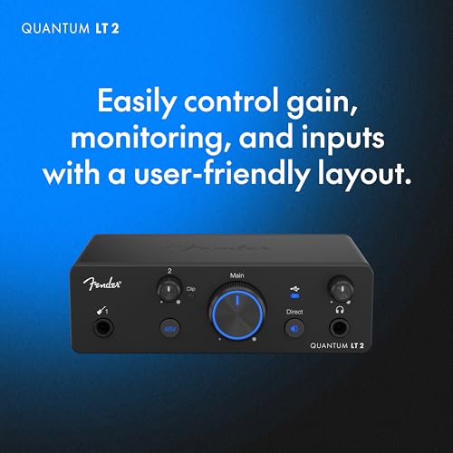 Fender Quantum LT2 USB Audio Interface, for Guitarist, Vocalist, or Producer. Includes easy to use software, Fender Studio app, Amp and FX pack to create Studio Quality recordings. PC/Mac | 2-In/2-Out USB-C, Max-HD Mic Preamp, Fender Hi-Z Instrument Input