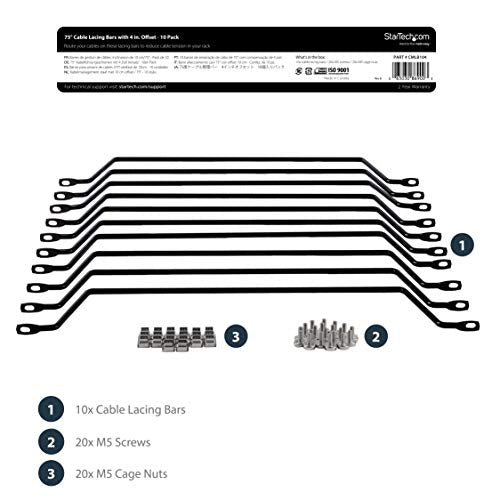 StarTech 10-Pack Lacing Bar with 4in Offset for 19in Rack, Steel (CMLB104) | 10.2cm offset at 75 degrees, Server rack cable management, Network rack-mount cord organizer, Each 1/3 of 1U - style: 4in offset