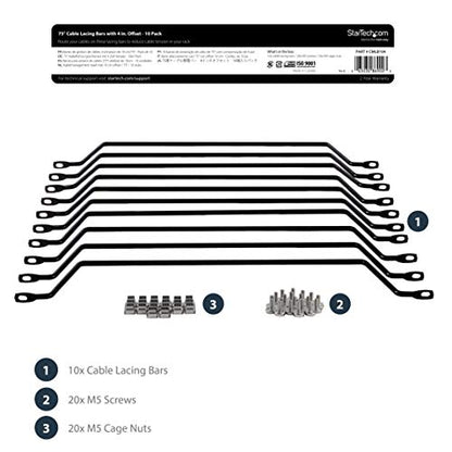 StarTech 10-Pack Lacing Bar with 4in Offset for 19in Rack, Steel (CMLB104) | 10.2cm offset at 75 degrees, Server rack cable management, Network rack-mount cord organizer, Each 1/3 of 1U - style: 4in offset