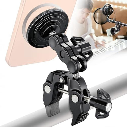 Facmogu Magnetic Phone Holder for Mic Stand, All-Metal 360° Rotatable Magnet Phone Mount with Clamp, Clip Phones Mount for Microphone & Music Stands, Compatible with Magsafe & iPhone 17/16/15/14/13/12