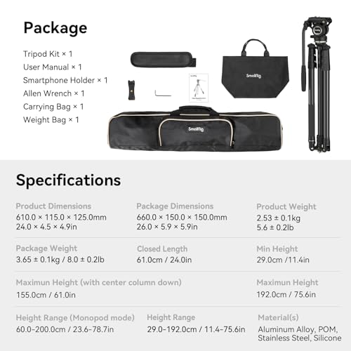 SmallRig CT210 Video Tripod, 75" Video Camera Tripod Monopod with +/-15° Leveling Base Fluid Head, Professional Camera Tripod Compatible with Video Camera, DSLR, Camcorder-4475