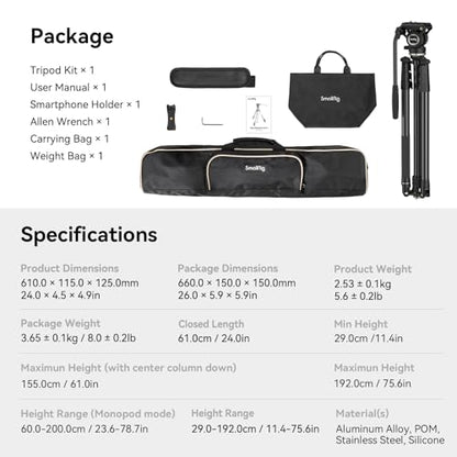 SmallRig CT210 Video Tripod, 75" Video Camera Tripod Monopod with +/-15° Leveling Base Fluid Head, Professional Camera Tripod Compatible with Video Camera, DSLR, Camcorder-4475
