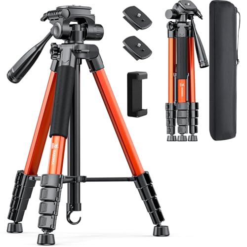 73" Camera Tripod Stand, Aluminum Tripod with Phone Holder, Travel Bag, Compatible with GoPro/DSLR/Cell Phone/Camcorder, Max Load 8.8LB (Orange) - color: Orange