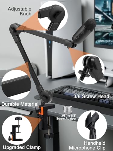 Microphone Boom Arm Mic Stand, Adjustable Suspension Boom Scissor Arm Stand with Mic Clip Holder and Heavy Duty Clamp for Streaming Podcast Recording Studio