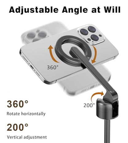TONEOF 68" Magnetic Selfie Stick Tripod with Aluminum Strong Magnetic Holder for Magsafe, 360° Rotatable Travel Phone Tripod Stand with Metal Ring & Rechargeable Remote for iPhone/Android（Black） - color: Black
