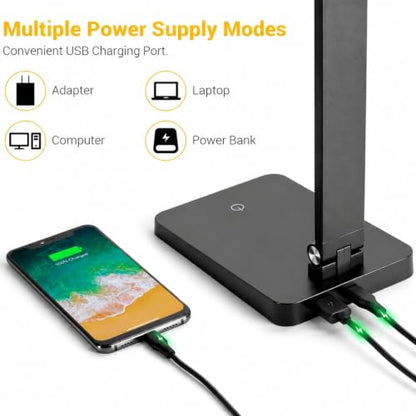 LED Desk Lamp for Home Office, 3 Levels Dimmable Desk Light with USB Charging Port, Small Study Lamp, Reading Light for Table, Black, 5000K - color: Black