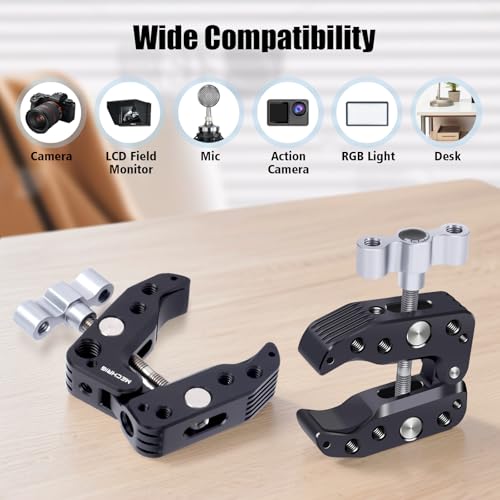 Universal Camera Clamp 10-60mm with 1/4"-3/8" Threads & Positioning Holes - Multi-Angle Adjustable Clamp for DSLR, Bike Handlebar, Desktop Streaming (Lightweight Aluminum Alloy) 62019