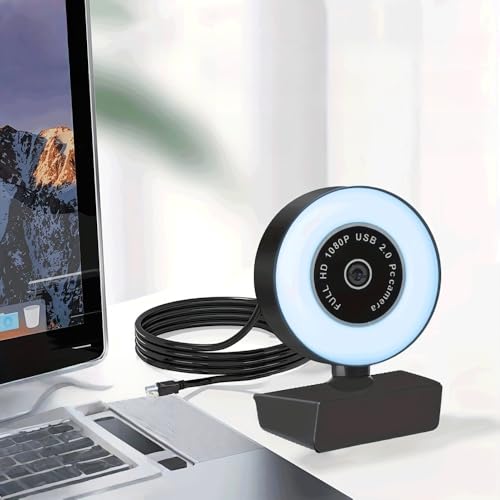 1080P Full HD Webcam Ring Light 3-Level Dimming 360 Rotating Base USB Plug-and-Play for Video Calls, Classes, Streaming, Black - color: Black
