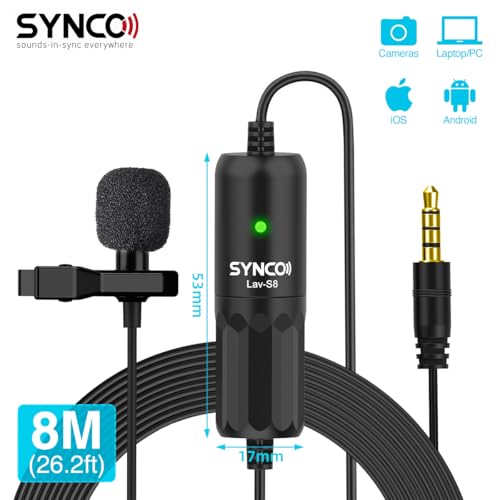 Lavalier Microphone, Wired Clip On Lavalier Lapel Microphone with 8M Cable, Omnidirectional Recording Microphone with Noise Reduction, 3.5mm for iPhone Camera Video Interview