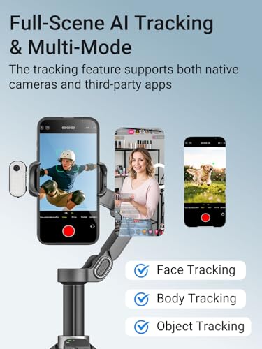 AOCHUAN AI Face Tracker Gimbal Stabilizer for iPhone w/Magnetic Remote, 360° Pan Rotation 3-Axis Gimbal for iPhone, Stabilizer w/Light, Built-in Extension Rod & One-Touch Open Tripod, Volg, Sport - size: X3AI