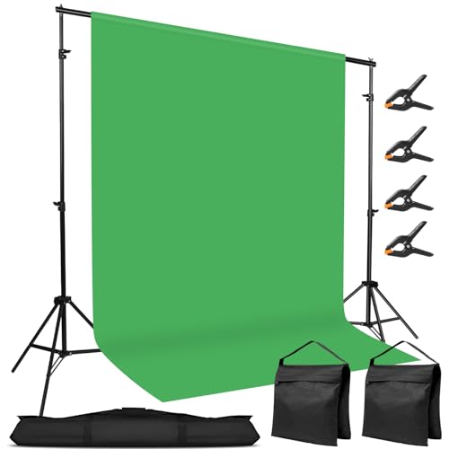 10x7ft Adjustable Photography Backdrop Stand Kit – Photo Studio Background Support with 4 Crossbars, 4 Clamps, 2 Sandbags (with 9 * 6 Feet Green Backdrop Curtain) - color: Green