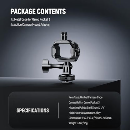 NEEWER Pocket 3 Cage, Aluminum Alloy Gimbal Video Recording Rig with Action Camera Extension Adapter 1/4" Threads Cold Shoe Compatible with DJI Osmo Pocket 3 Creator Combo, No Assembly Needed, AC009
