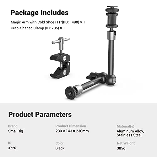 SMALLRIG 11'' Articulating Magic Arm and Clamp w/ 1/4" and 3/8" Thread, Adjustable Friction Power Camera Mount with Cold Shoe Mount for Monitor, LED Lights, Mic, for DJI/Insta360 Action Cameras - 3726
