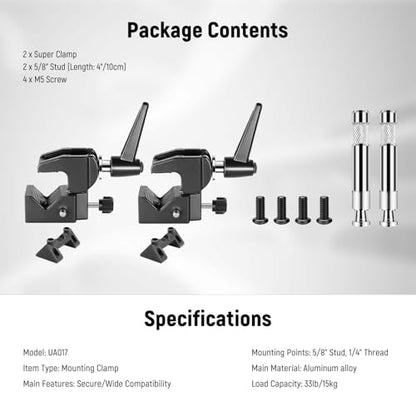 NEEWER 2 Pack Super Clamp with 5/8" Stud, Spring Lock, 2.4" Jaw Grip Heavy Duty Crab Pole Clamp for Round Pipe Flat Surface, for Photography Studio Camera Lighting Mounting, Max Load 33lb/15kg, UA017 - style: UA017(2 Pack）