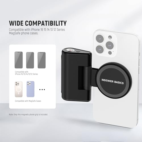 NEEWER Basics Magnetic Phone Camera Grip Handle with Shutter Remote Compatible with MagSafe iPhone ONLY, 18W Magnetic Charging, 5000mAh Rechargeable for Vlog Selfie Tripod Video Recording, WS-25001 - style: WS-25001