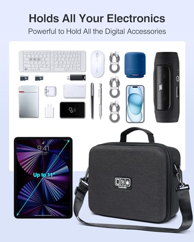 Luxtude Electronic Organizer Travel Case Large, Hard Case for Electronics with Shoulder Strap, Fits for iPad (Up to 11’’), Tech Gifts - color: Black-Large