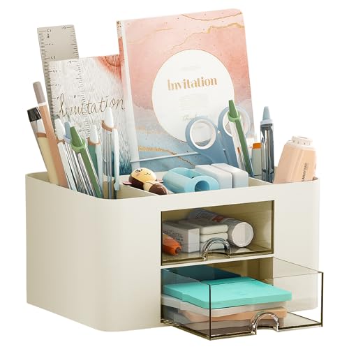 Marbrasse Pen Organizer with 2 Drawer, Multi-Functional Pencil Holder for Desk, Desk Organizers and Accessories with 5 Compartments + Drawer for Office Art Supplies (Beige) - color: Beige