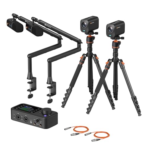 NearStream PodKit Duo, Podcasting Duo Kit with 2 VM20 Streaming Camera, 2 AM25X Microphone, 2 ST20 Mic Boom Arm, 1 AMIX40U Audio Mixer, 2 Camera Tripod and 2 XLR Cables - style: Podcasting Duo Kit