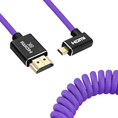 Uonecn Right-Angle Micro HDMI to HDMI Cable Coiled for Atomos Ninja-V, HDMI to Micro HDMI Spring Cord for Canon R5C R5 R6, Support 3D HDR 1080P HD eARC, Right Angle Purple 12-18" - color: Purple Braided, size: 12-18"(R-A)