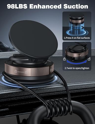 ACAGET 360° Adjustable Vacuum Suction Magnetic Phone Holder for MagSafe Car Mount, Suction Cup Makeup Mirror Tripod Phone Bracket Mount for Vlog Video Recording, Zinc Alloy Vacuum Magnetic Car Holder