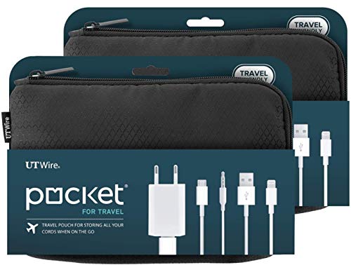 UT Wire Pocket Travel Lightweight Organizer Case with Zipper for Charger, Cable, Power Bank, Flash Memory Accessories Holder in Black - 2 Pack - size: 2 Pack