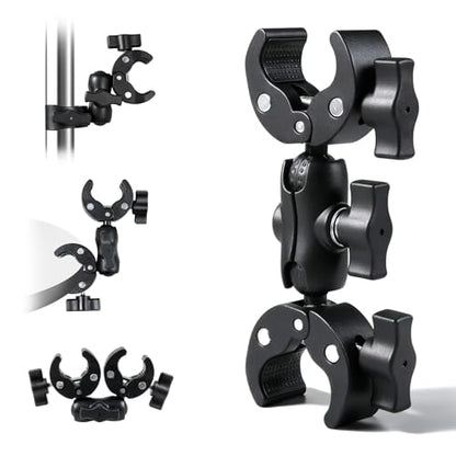 Double Ball Head Camera Clamp - Adjustable Mounting Bracket with Pliers-Style Grips for Photo Studio Equipment, Light Stands, Reflectors, Monitors, and Golf Cart Crossbars（6-9inch）