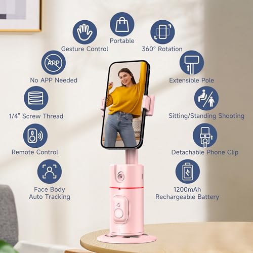 Auto Face Tracking Phone Holder, Gesture Control & Remote, Face Tracking Tripod 360 Rotation Body Phone Camera Mount Smart Shooting Holder, Cell Phone Selfie Stick Tripod, Expandable Pole (Pink) - color: Pink