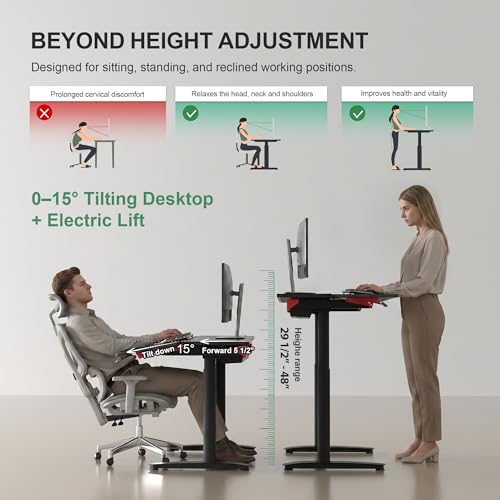JWX Tilt Standing Desk, 0 to 15 Degree Ergonomic Tilting Desktop, Electric Height Adjustable Sit Stand Desk, 4 Motor Frame, TPU Soft Touch Surface, Home Office Gaming Desk - size: Ergonomic Tilt