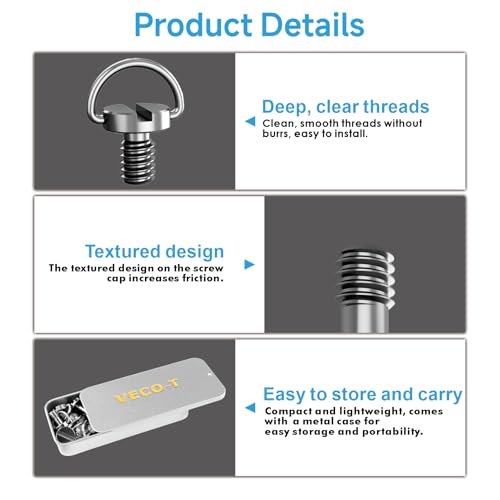 1/4"-20 Camera Screw Set, 16Pack Stainless Steel Tripod Mount Screw with D-Ring, for Camera Cage, Tripod, Monopod, Quick Release Plate, Photography Mounting Replacement
