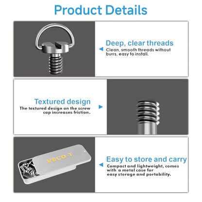 1/4"-20 Camera Screw Set, 16Pack Stainless Steel Tripod Mount Screw with D-Ring, for Camera Cage, Tripod, Monopod, Quick Release Plate, Photography Mounting Replacement